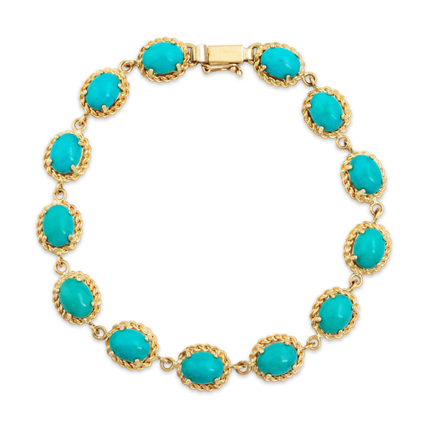 Vintage 14k Yellow Gold 14cttw Robin's Egg Blue Turquoise Bracelet 7.75