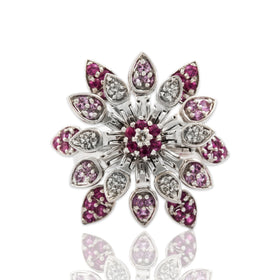 Vintage 18k White Gold Ruby Pink Sapphire Fantastic Spinning Flower Ring 7.75