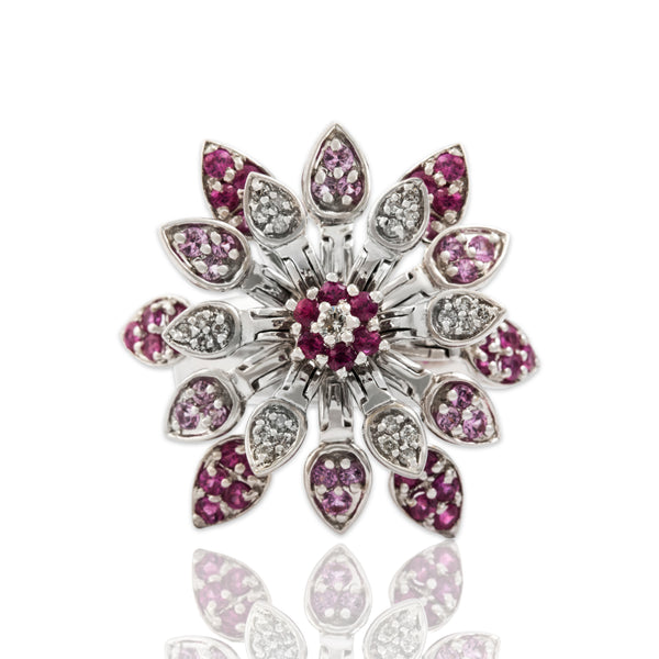 Vintage 18k White Gold Ruby Pink Sapphire Fantastic Spinning Flower Ring 7.75