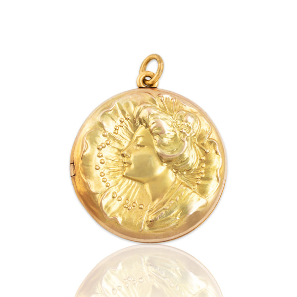 Antique Large 10k Yellow & Rosy Yellow Gold Woman & Blossom Locket Pendant