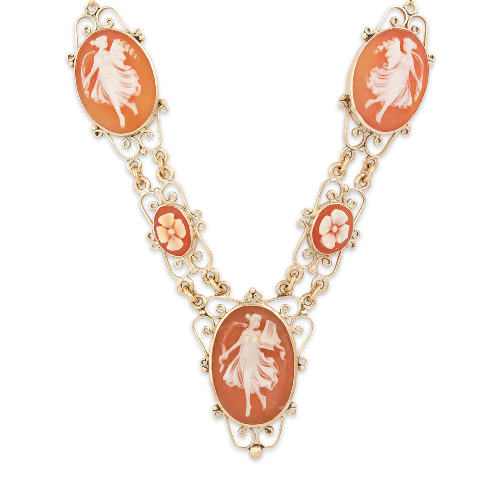 Antique 12k Yellow Gold Shell Figural & Floral Cameo Necklace 20"