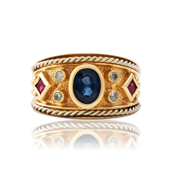 Vintage 14k Yellow Gold Blue Sapphire Ruby Diamond Bold Wide Band Ring 7.25