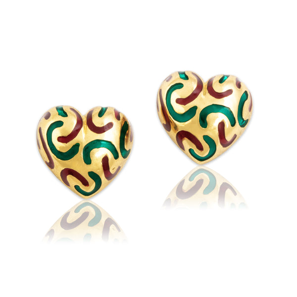 Vintage 18k Yellow Gold Plique-à-Jour Enamel Heart Stud Earrings
