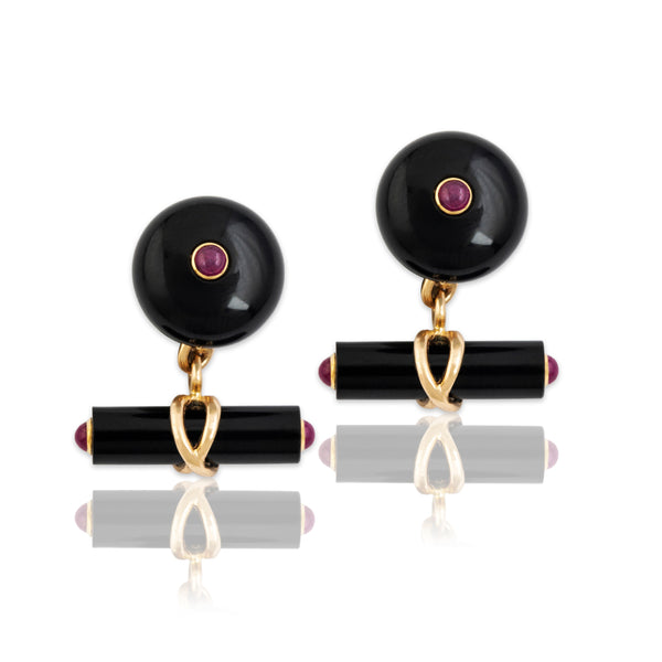 Vintage Paul Stuart 14k Yellow Gold Onyx Ruby Fabulous Carved Cufflinks