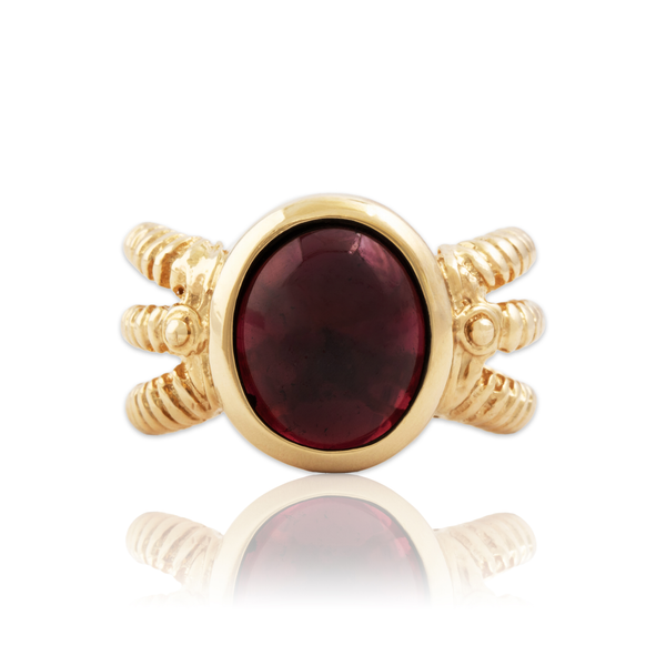 Vintage Heavy 14k Yellow Gold 5.3ct Garnet Cabochon Textured Ring 6.00