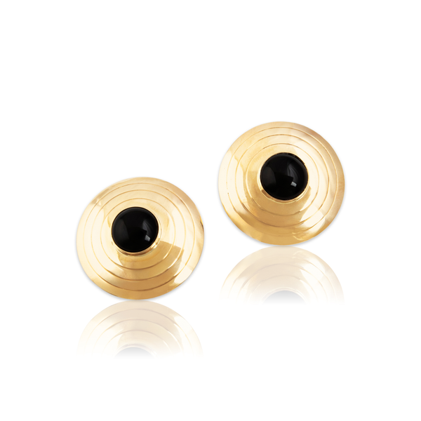 Vintage Large 14k Yellow Gold Onyx Modern Disc Stud Earrings