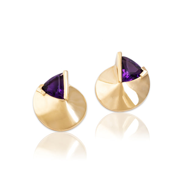 Vintage 14k Yellow Gold 2.7cttw Amethyst Modernist Sliced Disc Stud Earrings