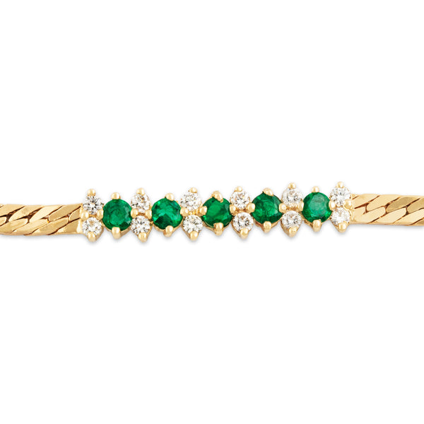 Vintage 14k Yellow Gold Emerald Diamond Herringbone Alternating Line Bracelet 6.5