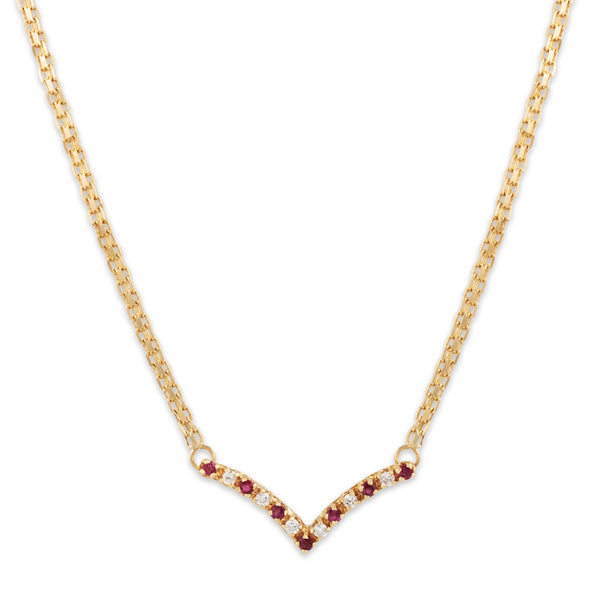 Vintage 14k Yellow Gold Ruby Diamond Woven Chain Chevron Necklace 18.25