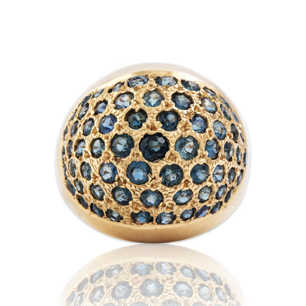 Vintage 14k Yellow Gold 1.9cttw Blue Sapphire Bold Bombe Bubble Ring 6.25