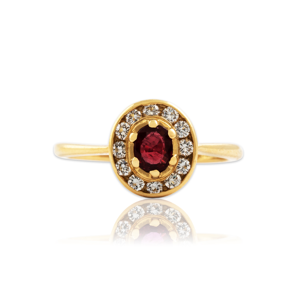 Vintage English 18k Yellow Gold Ruby Diamond Channel Halo Ring 5.75