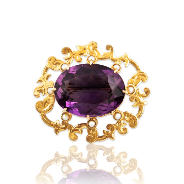 Antique English Large 14k Yellow Gold 19.3ct Amethyst Pearl Halo Brooch / Pin