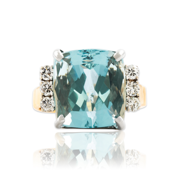 Vintage 14k Yellow Gold 9.9ct Aquamarine Diamond Cushion Cocktail Ring 7.25