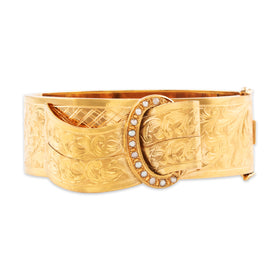 Antique French 18k Yellow Gold Pearl Exceptional Decorated Buckle Bangle Bracelet 7"