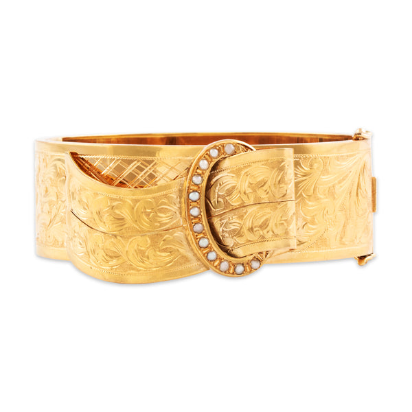 Antique French 18k Yellow Gold Pearl Exceptional Decorated Buckle Bangle Bracelet 7