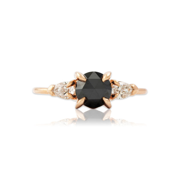 Vintage 14k Rose Gold Black & White Diamond Dainty Three-Stone Ring 7.25