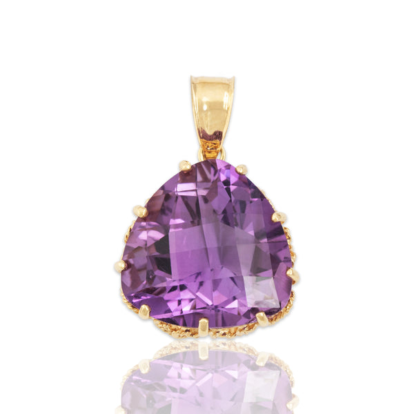 Vintage 14k Yellow Gold 6.7ct Amethyst Checkerboard Filigree Basket Pendant