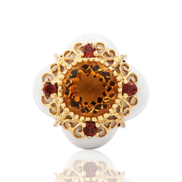 Vintage 14k Yellow Gold White Onyx Honey & Madeira Citrine Bold Ring 8.00