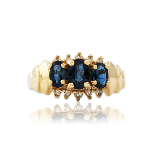 Vintage 14k Yellow Gold 1cttw Blue Sapphire Diamond Bold Oval Trio Ring 5.50