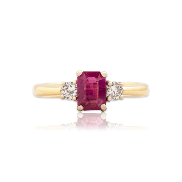 Vintage 14k Yellow Gold 1.03ct Purplish Red Ruby Diamond GIA Classic Trio Ring 7.75