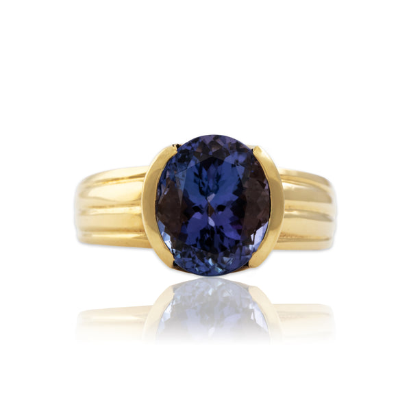Vintage 18k Yellow Gold 3.7ct Tanzanite Stunning Sleek Oval Ring 5.75
