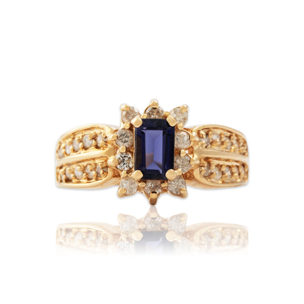 Vintage 14k Yellow Gold .4ct Iolite .45cttw Diamond Halo Ring 6.00
