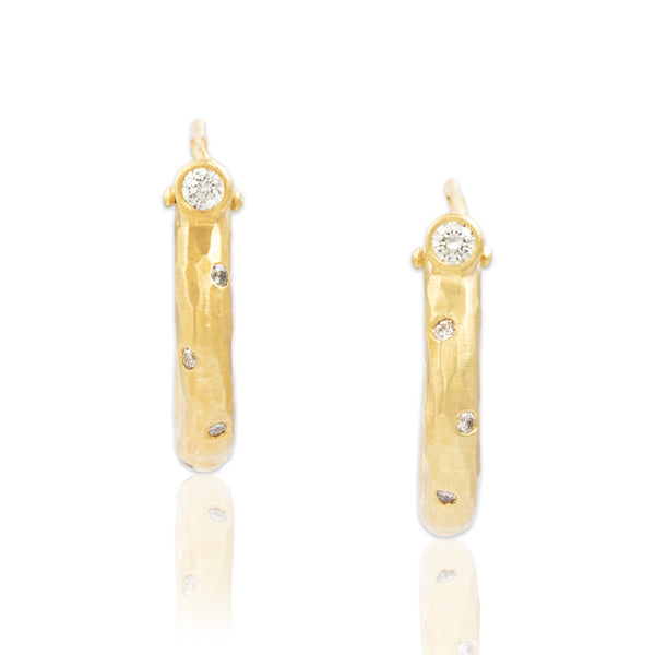 Vintage Substantial 18k Yellow Gold Diamond Artistic Hammered Hoop Earrings