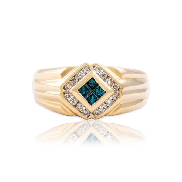 Vintage 14k Yellow Gold Teal Treated Diamond & White Diamond Ring 10.50