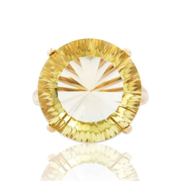 Vintage Large 14k Yellow Gold 13.5ct Lemon Quartz Fantasy-Cut Cocktail Ring 6.75
