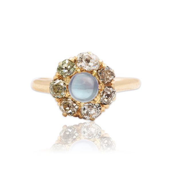 Antique 14k Yellow Gold Moonstone 1.05cttw Old Mine Cut Diamond Superb Ring 7.00