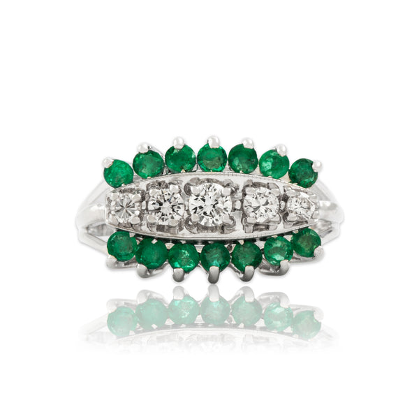 Vintage 14k White Gold .338cttw Diamond .56cttw Emerald Sparkling Ring 6.25