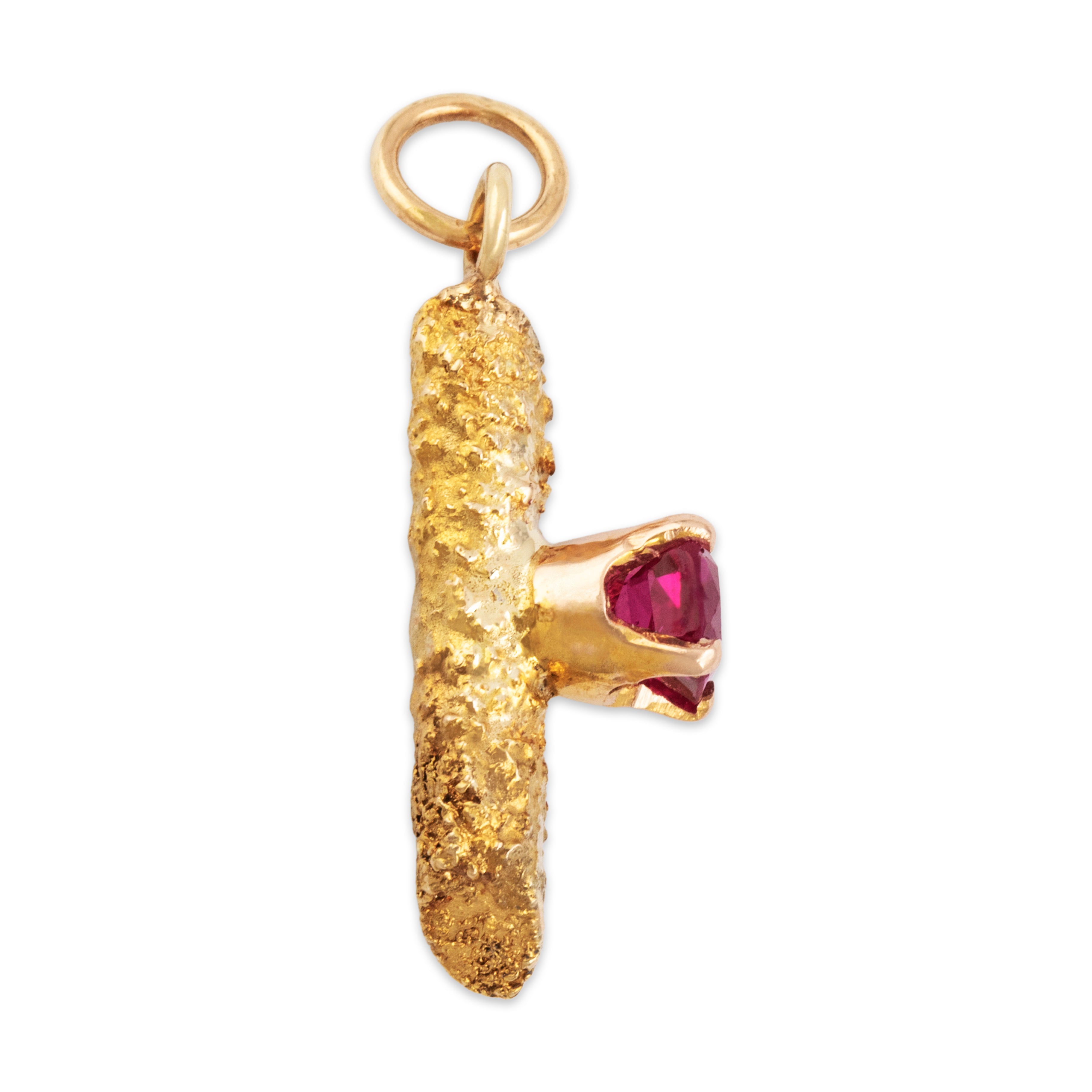 Antique 14k Yellow Gold Synthetic Ruby Bold Textured Tube Charm / Pendant - Side view