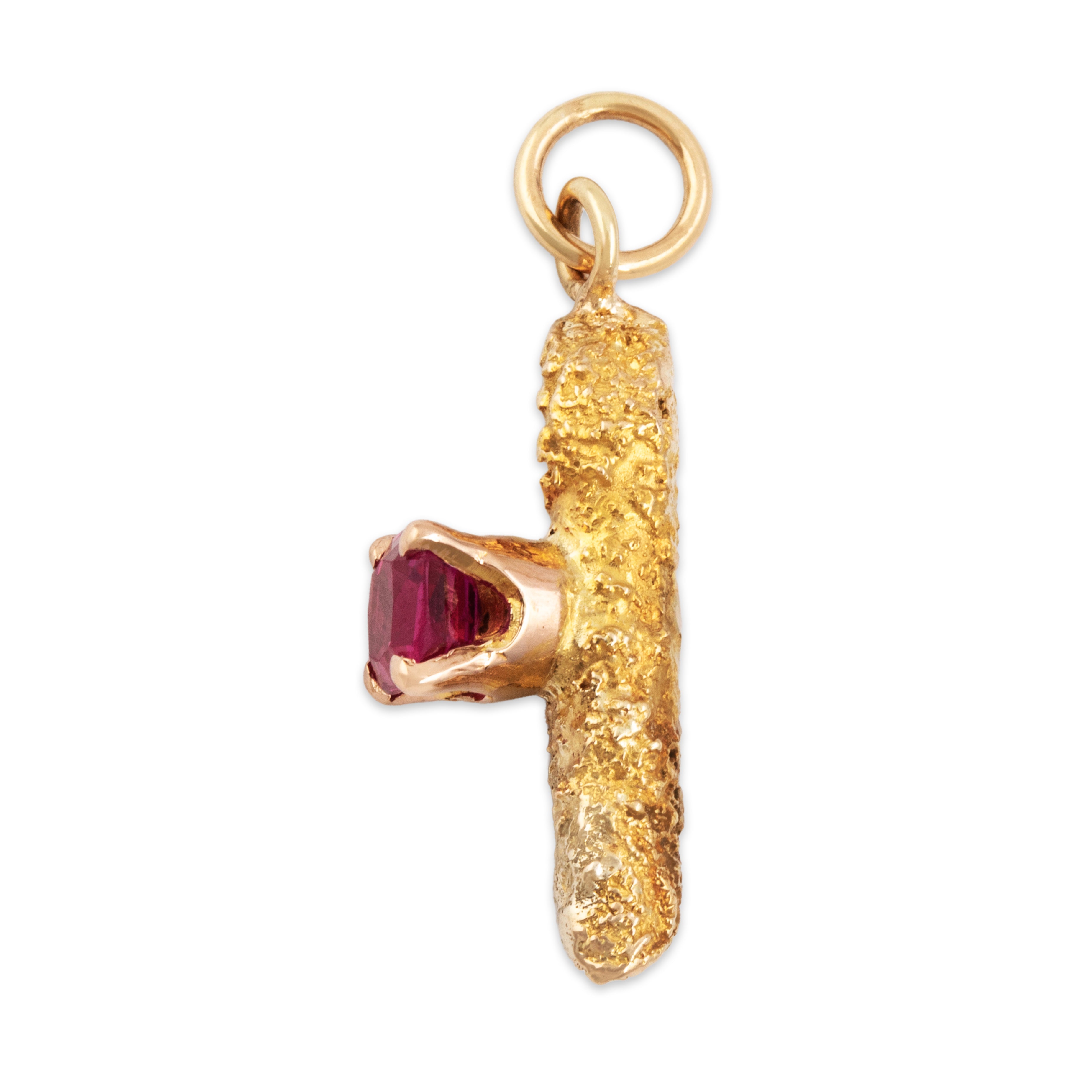 Antique 14k Yellow Gold Synthetic Ruby Bold Textured Tube Charm / Pendant - Side view