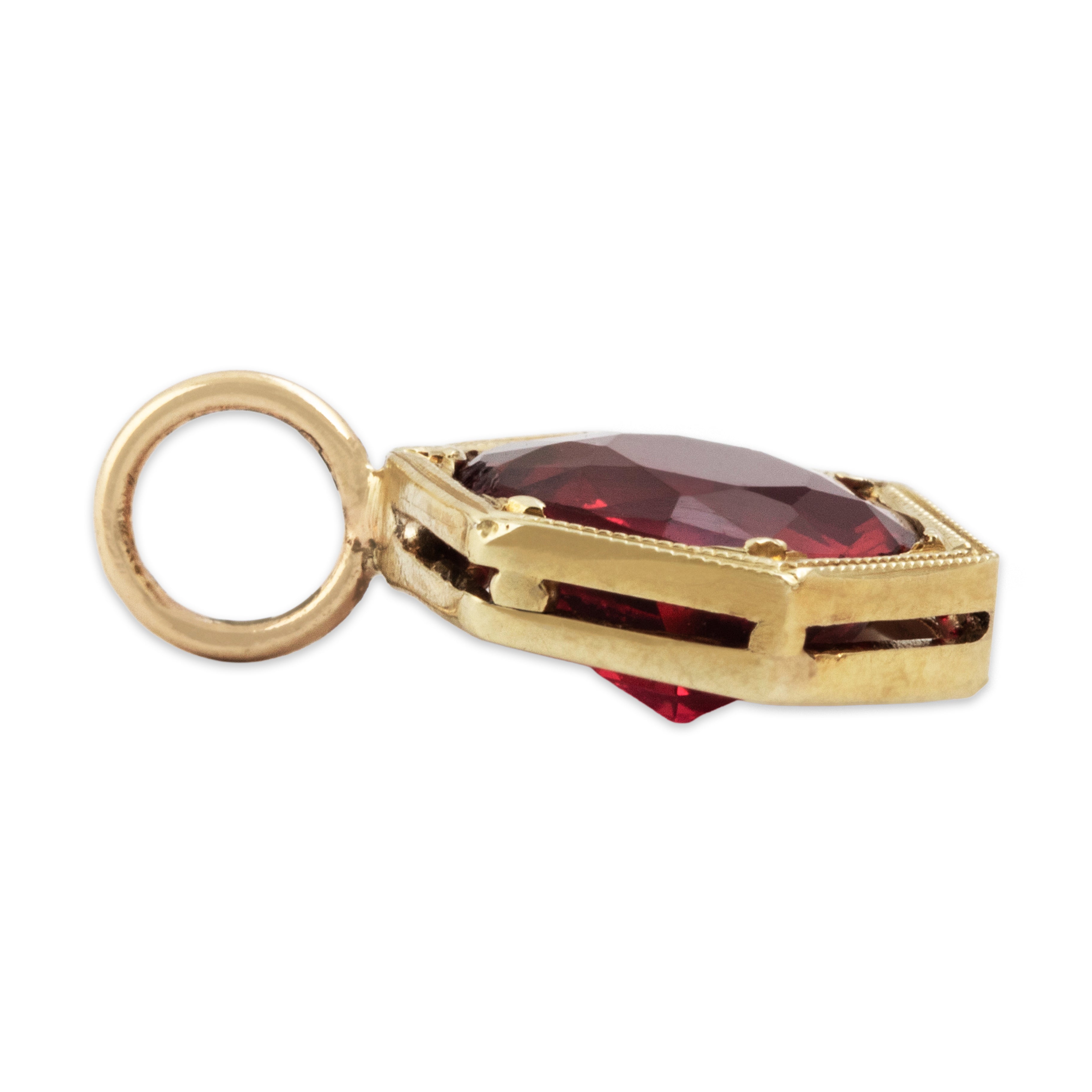 Antique 14k Yellow Gold Scarlet Glass Milgrain Hexagon Pendant - Side view