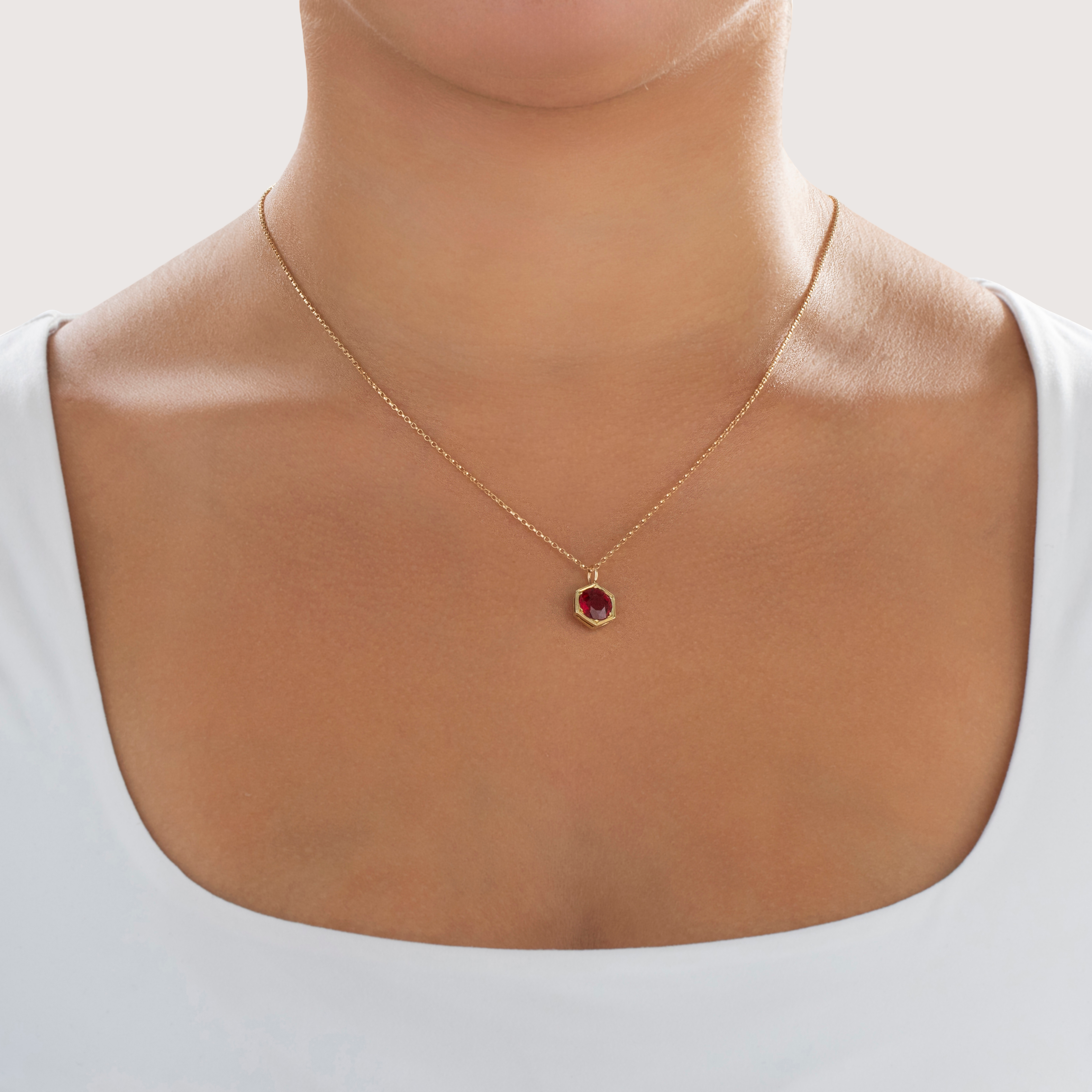 Antique 14k Yellow Gold Scarlet Glass Milgrain Hexagon Pendant - On model view