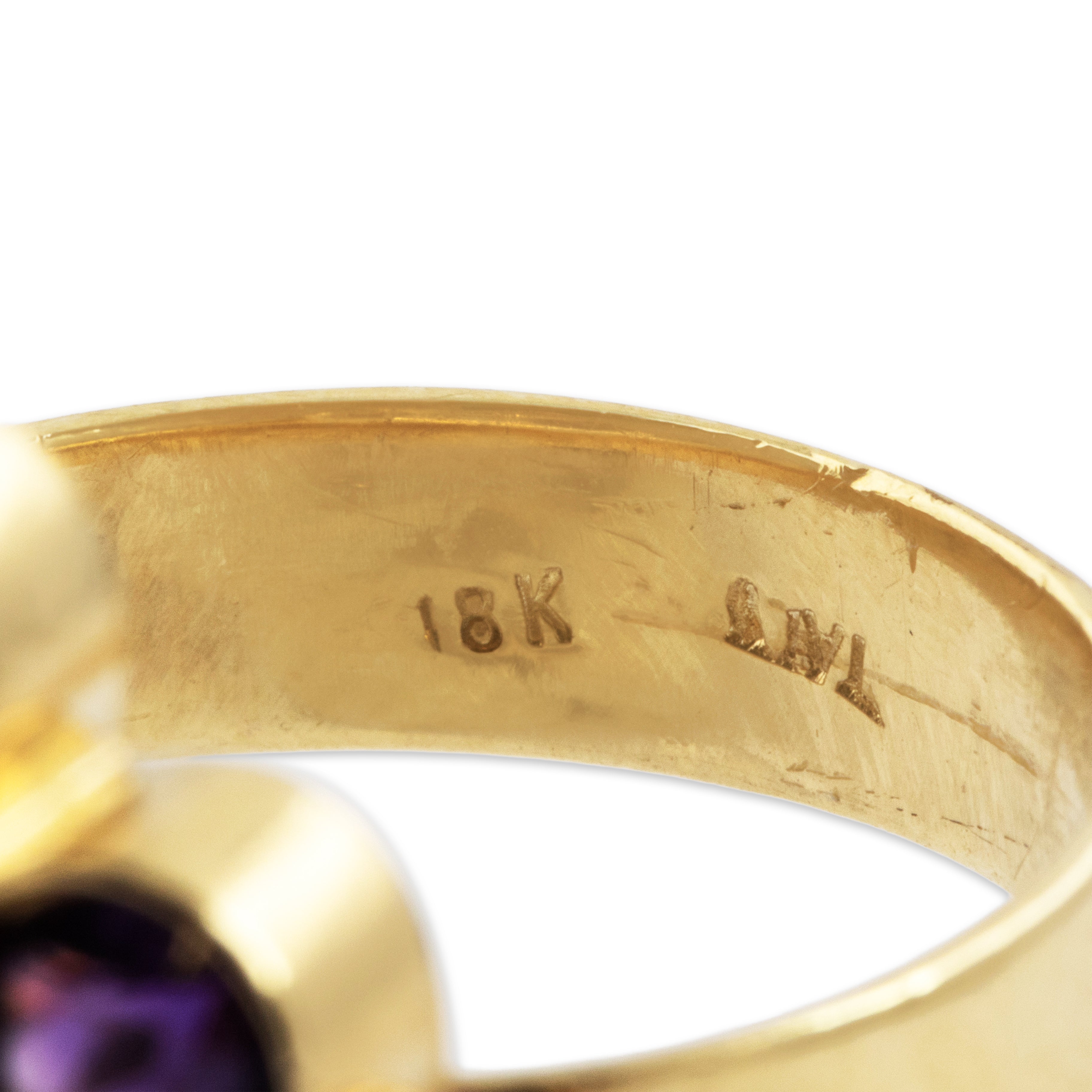 Vintage Italian 18k Yellow Gold 1.9cttw Amethyst Diamond Statement Ring - Hallmark view