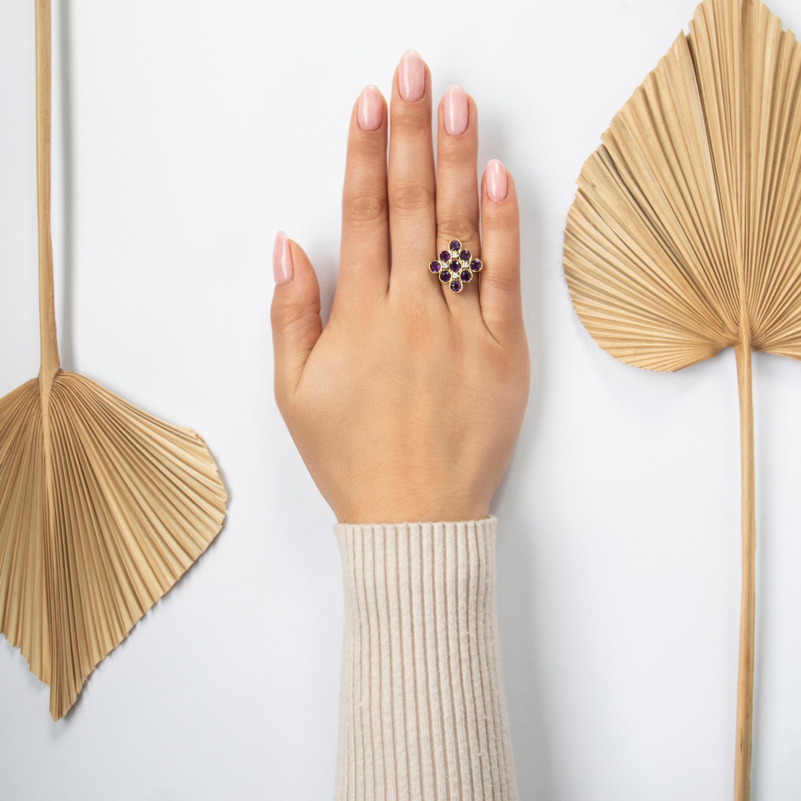 Vintage Italian 18k Yellow Gold 1.9cttw Amethyst Diamond Statement Ring - On model view