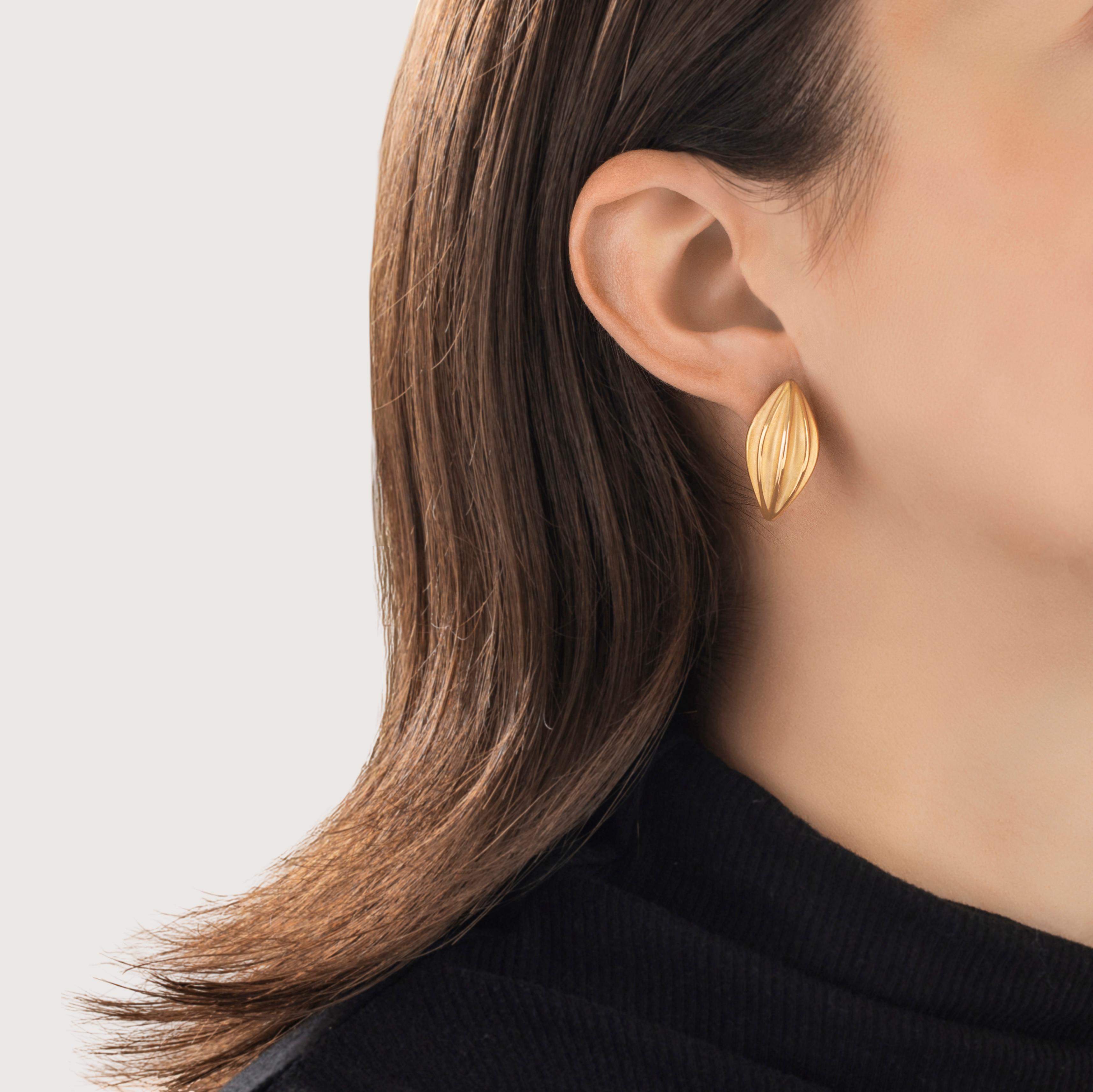 Vintage Large 14k Yellow Gold Bold Ribbed Navette Stud Earrings - On model view