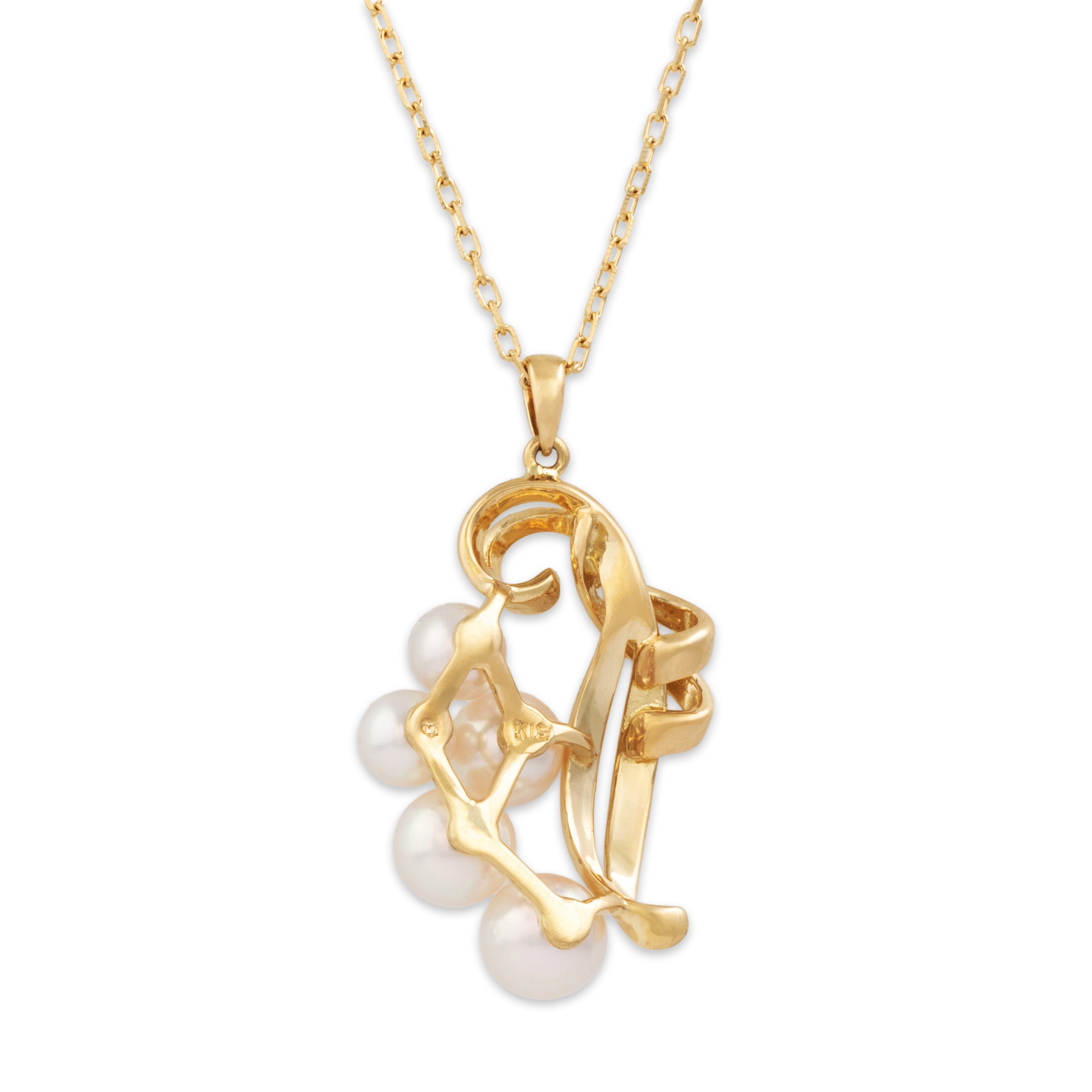 Vintage Mikimoto 18k Yellow Gold Pearl Lustrous Cluster Swirl Necklace - Back view