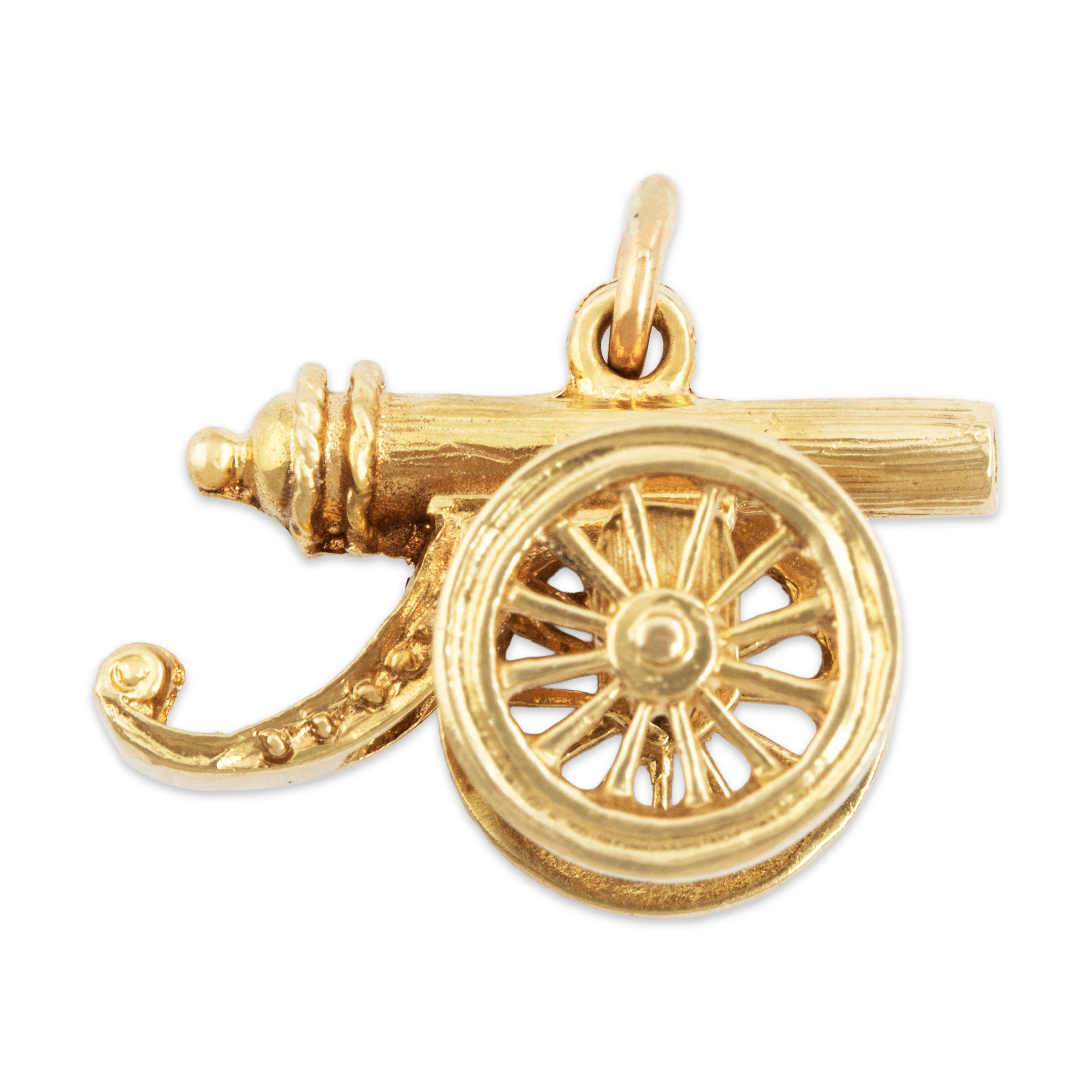 Vintage Heavy 14k Yellow Gold Wonderful Detailed Rolling Cannon Charm / Pendant - Side view