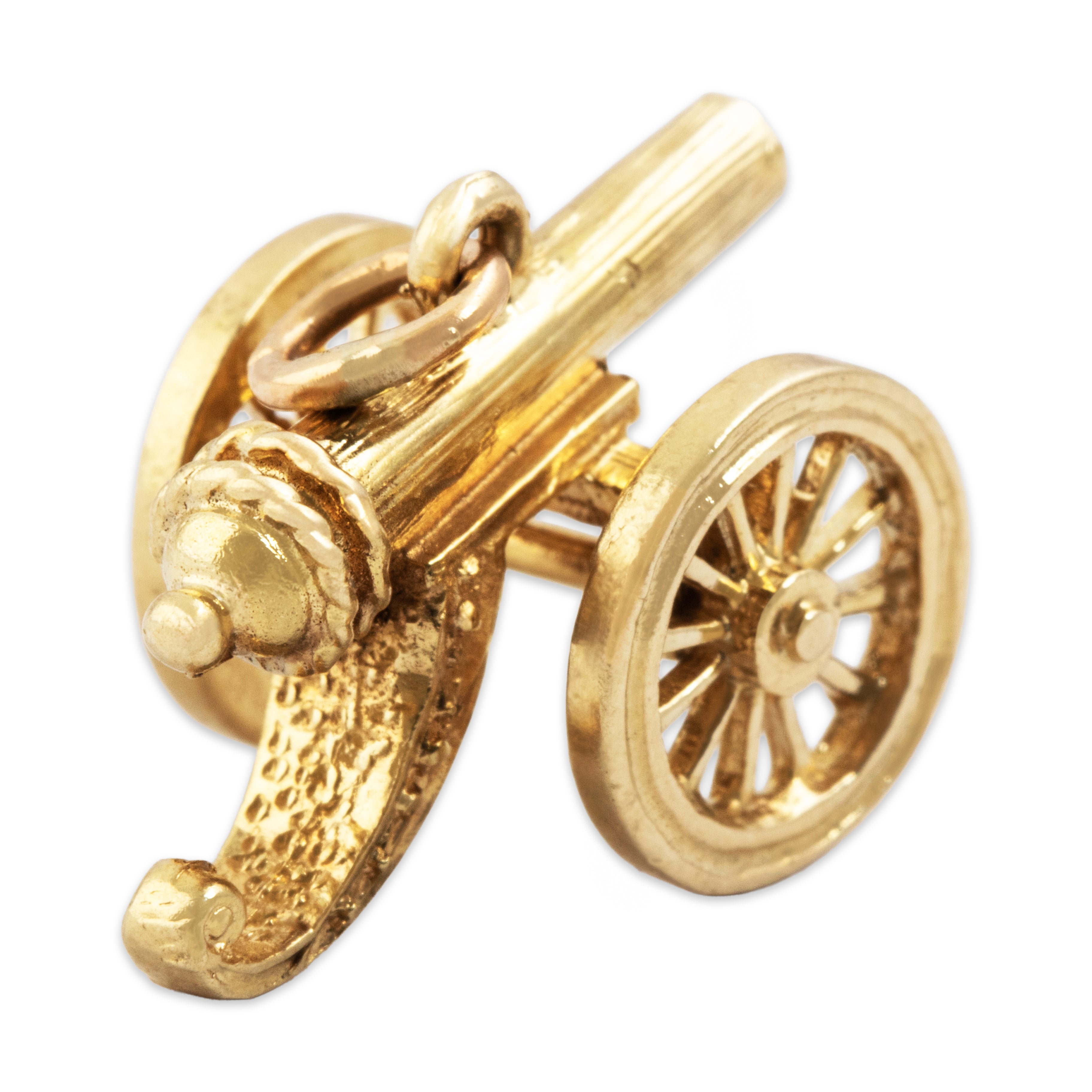 Vintage Heavy 14k Yellow Gold Wonderful Detailed Rolling Cannon Charm / Pendant - Overall view