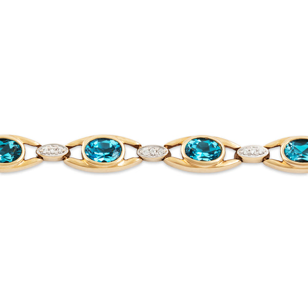 Vintage 14k Yellow Gold 9cttw Blue Topaz Diamond Gleaming Bezel Bracelet 7.25