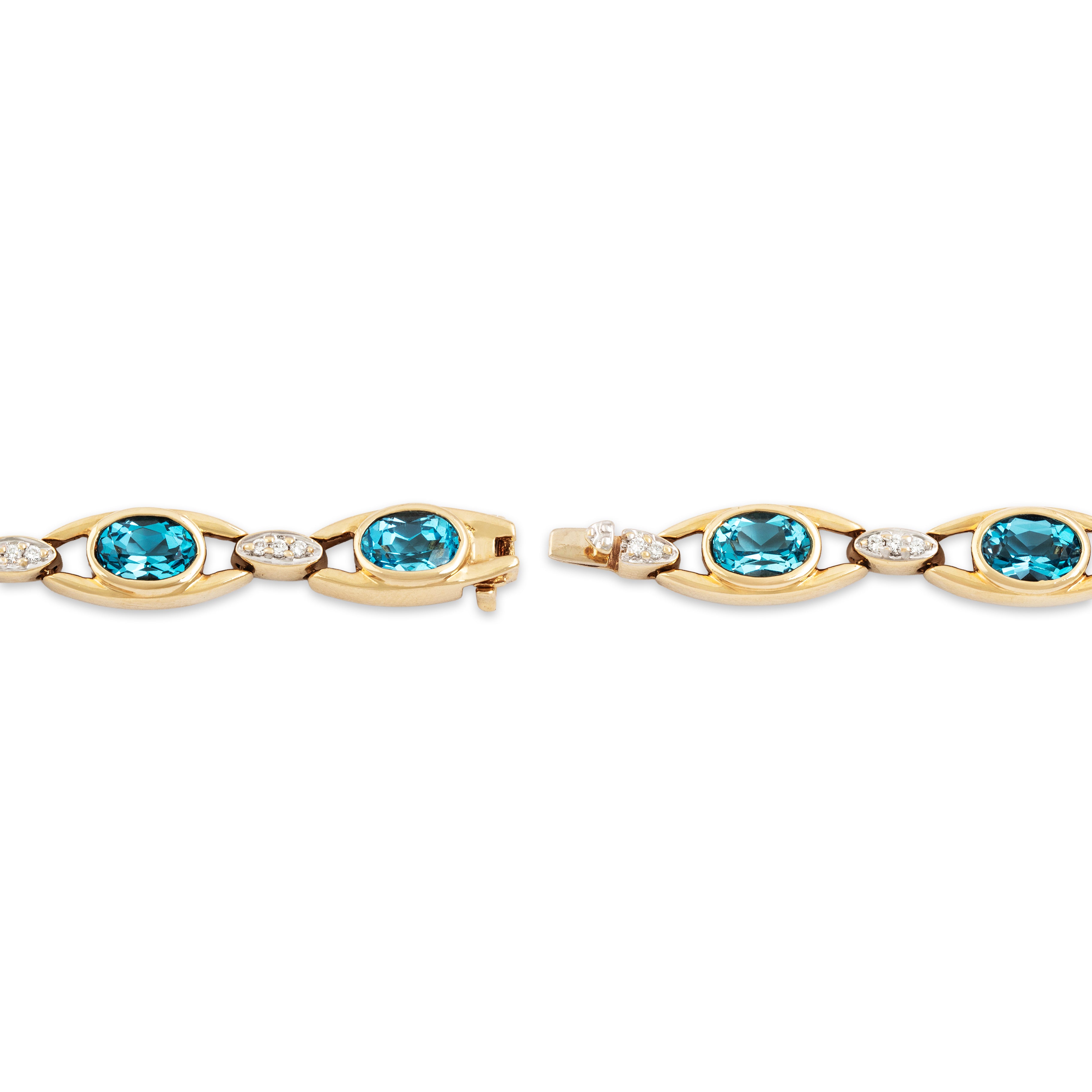 Vintage 14k Yellow Gold 9cttw Blue Topaz Diamond Gleaming Bezel Bracelet - clasp view