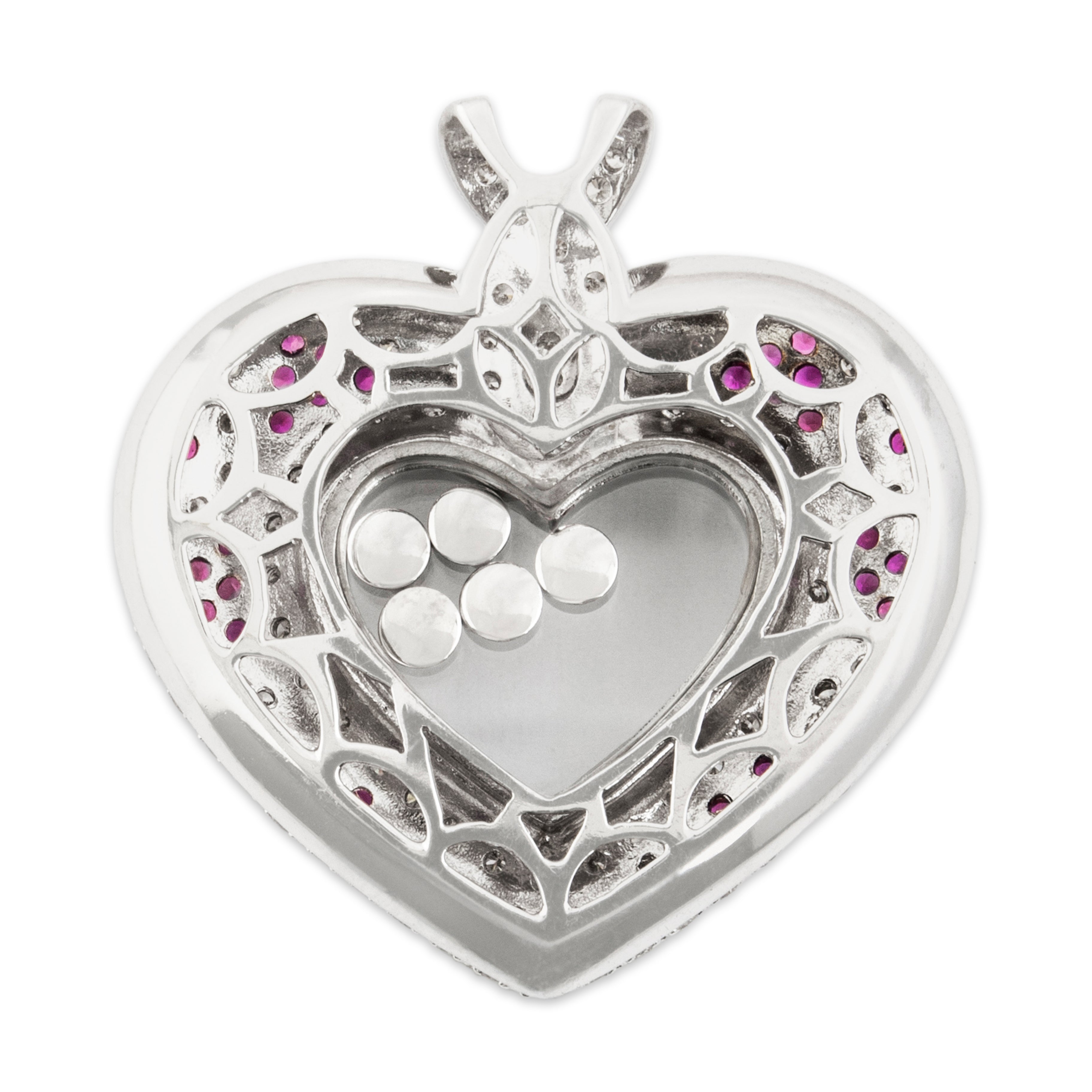 Vintage Large 14k White Gold 1.225cttw Diamond Ruby Fabulous Heart Shaker Pendant - Back view