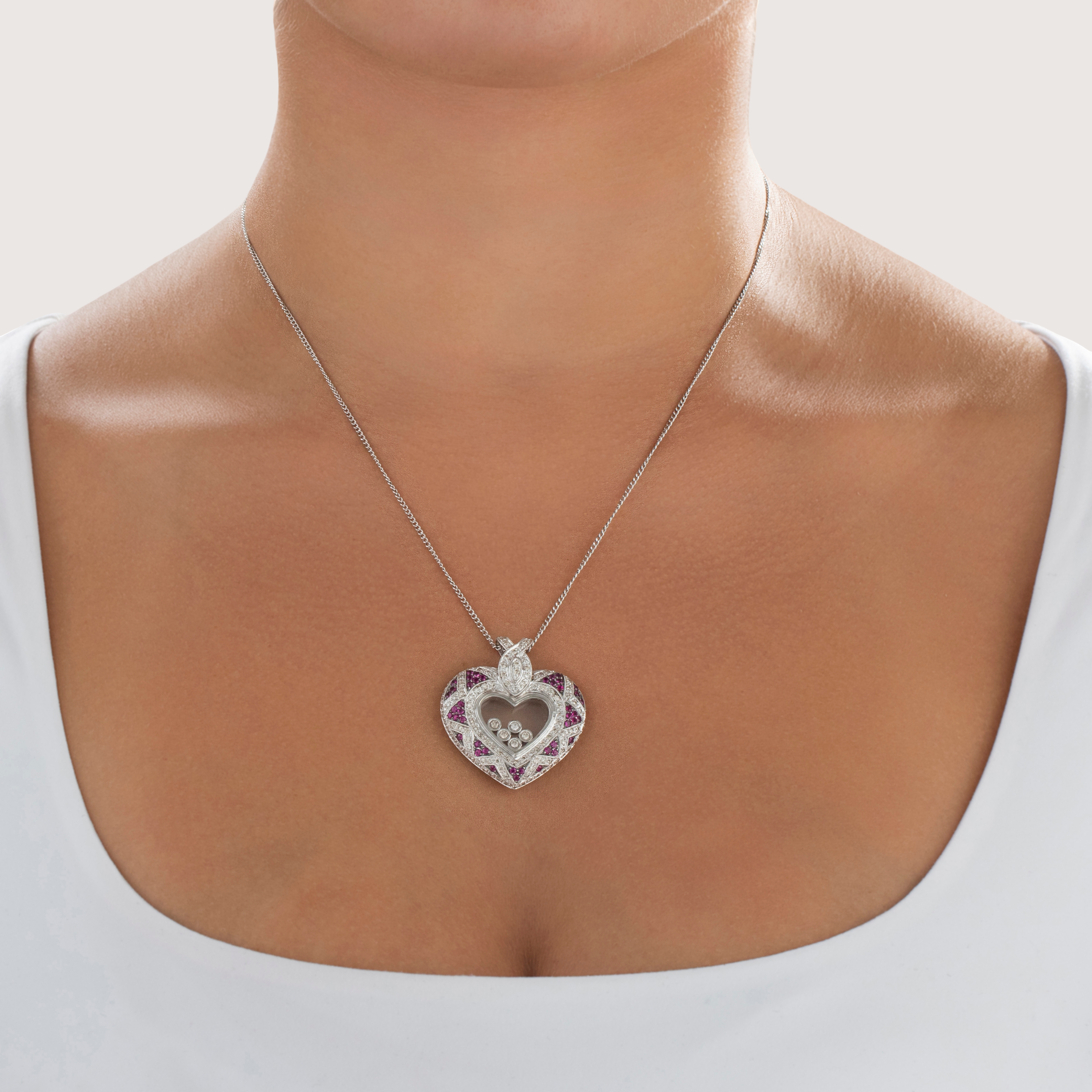 Vintage Large 14k White Gold 1.225cttw Diamond Ruby Fabulous Heart Shaker Pendant - On model view