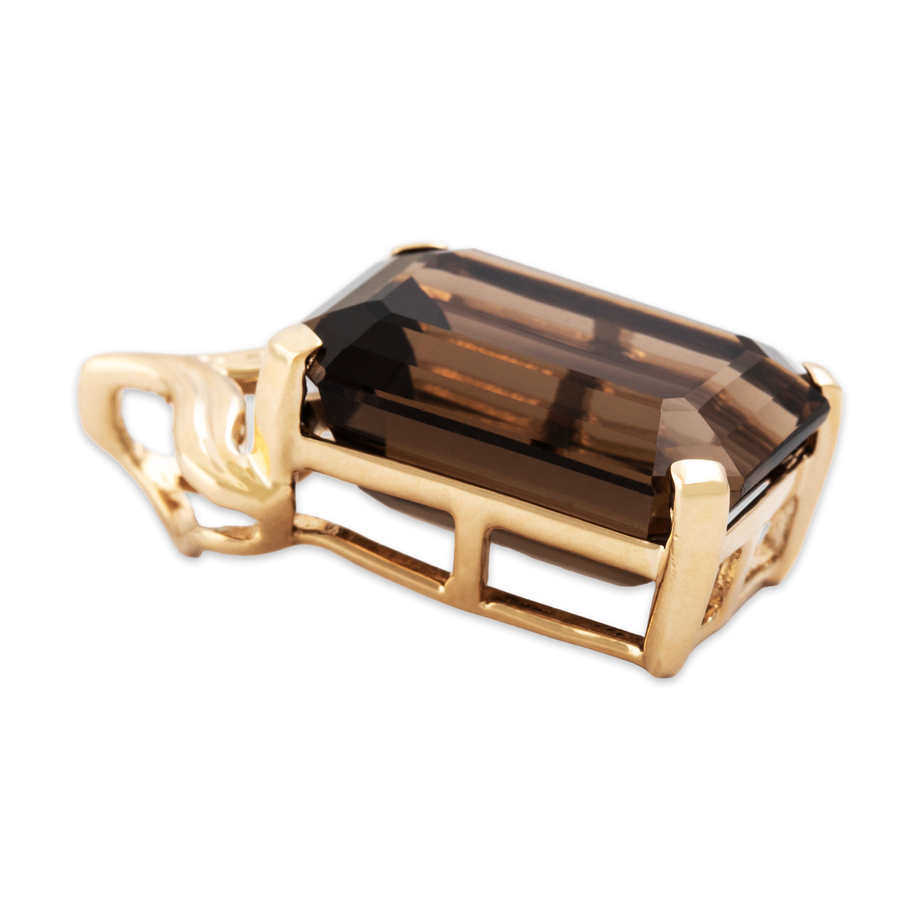 Vintage Large 14k Yellow Gold 15ct Smoky Quartz Bold Emerald-Cut Pendant - Side view