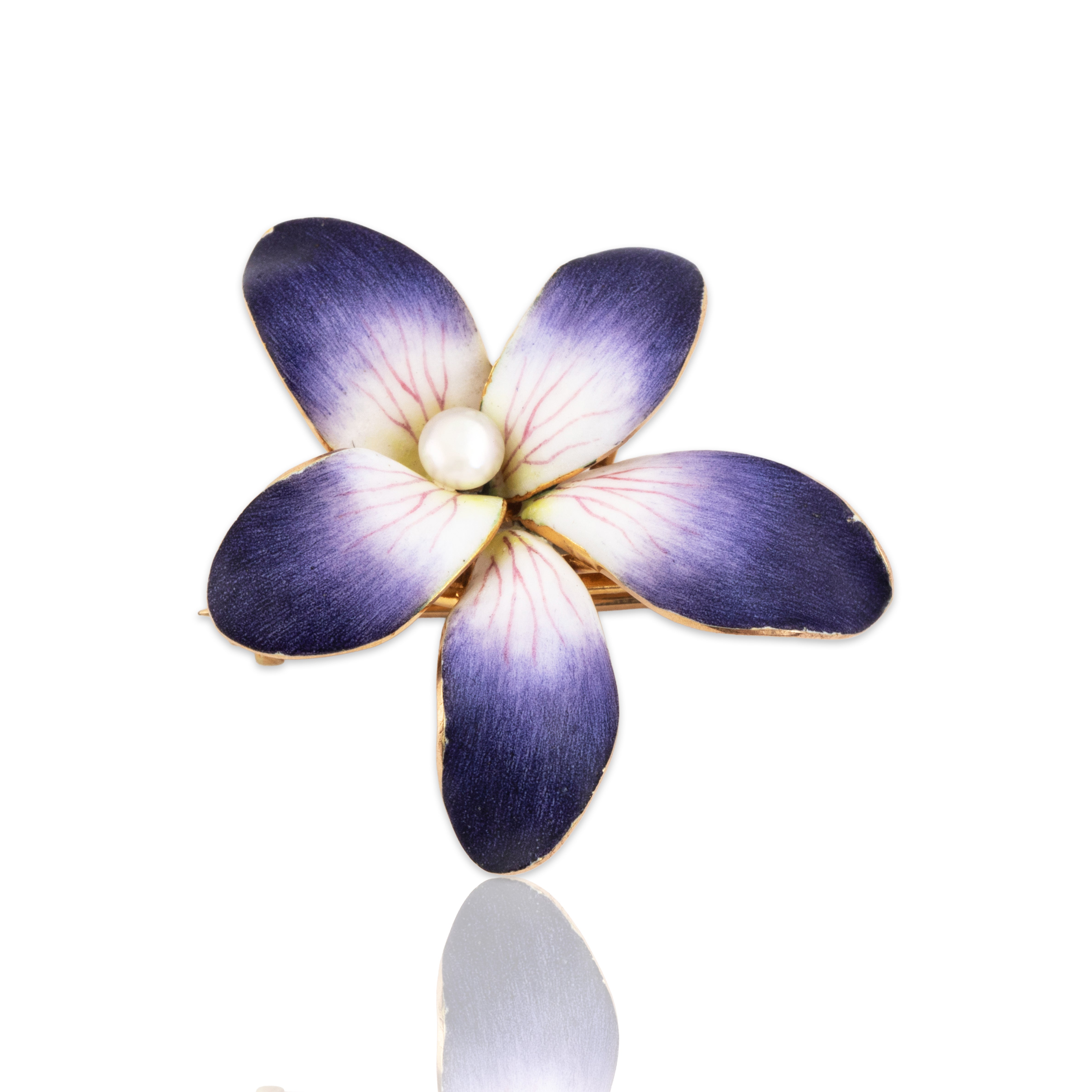 Antique Large 14k Yellow Gold Pearl Excellent Enamel Violet Blossom Brooch / Pin - Close-up view