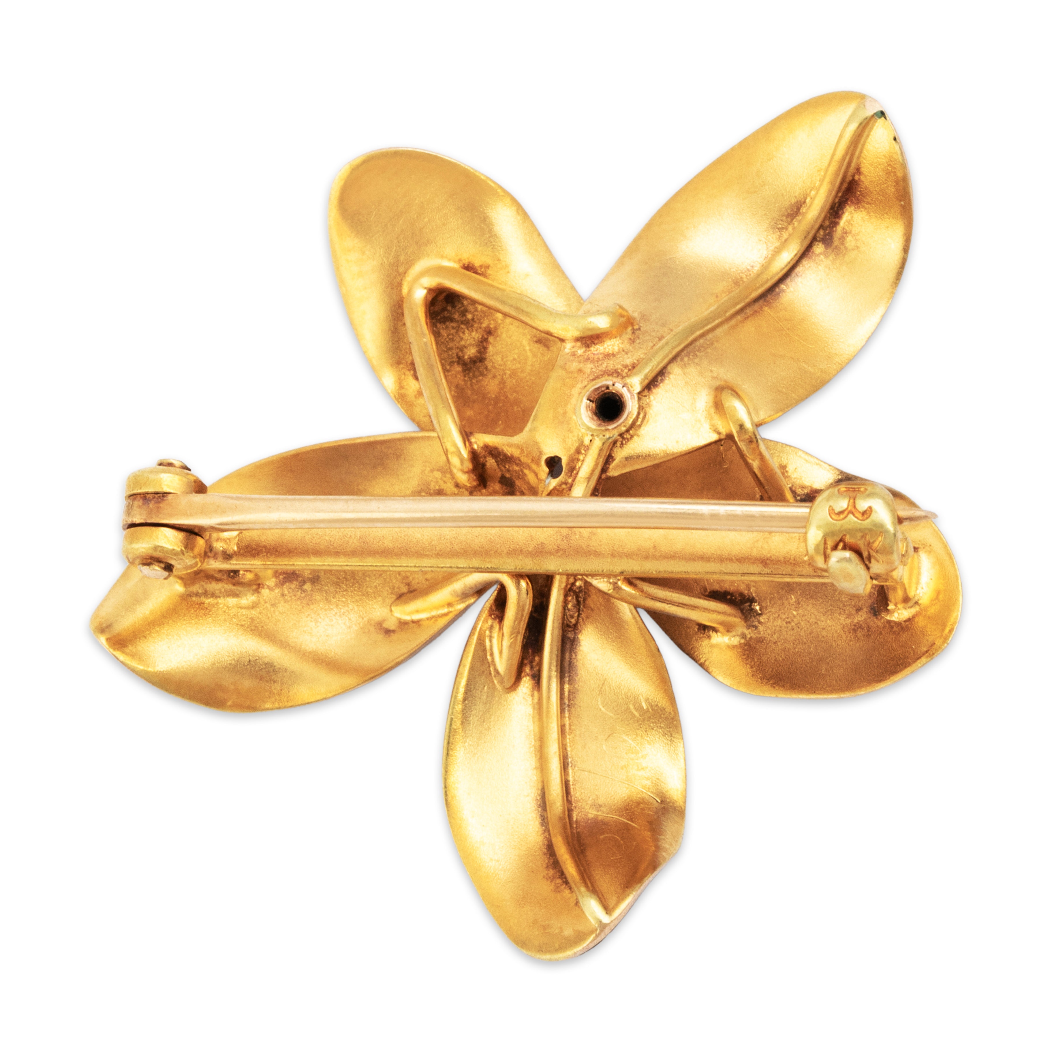 Antique Large 14k Yellow Gold Pearl Excellent Enamel Violet Blossom Brooch / Pin - Back view