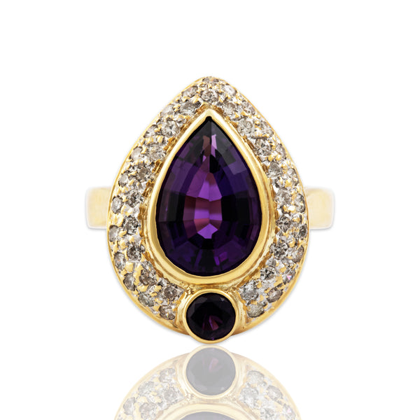 Vintage Large 18k Yellow Gold Amethyst Diamond Pear Halo Cocktail Ring 7.75