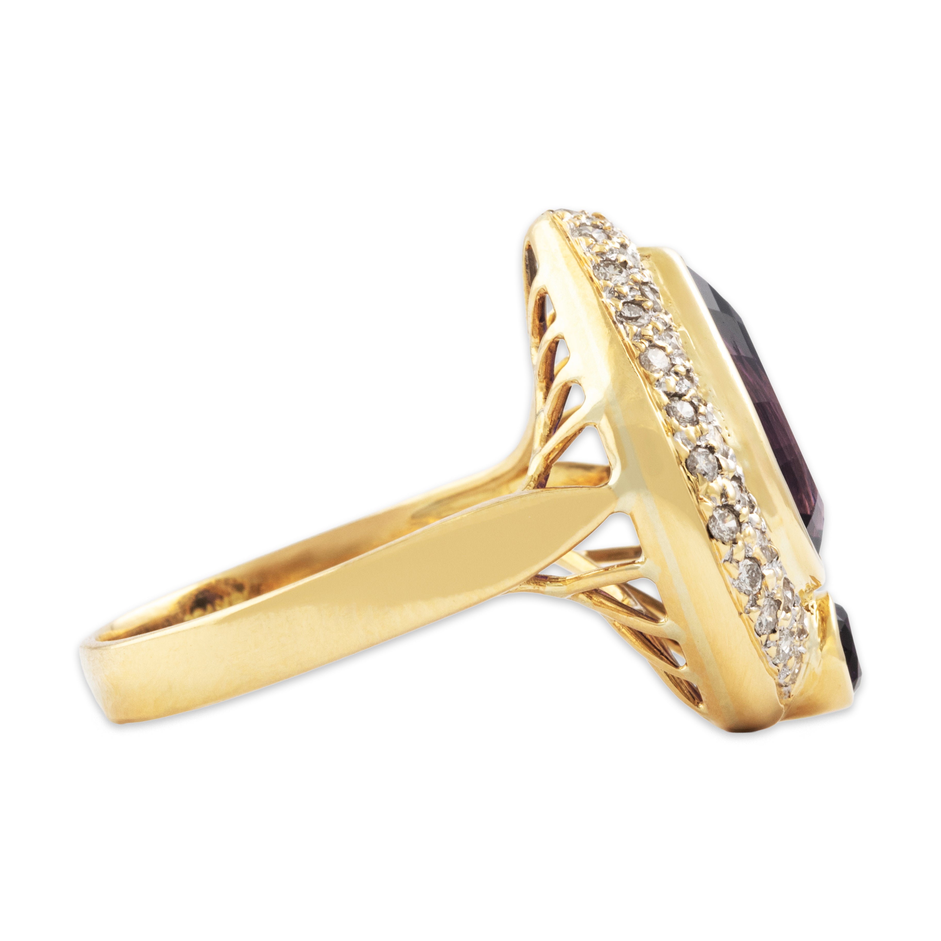 Vintage 18k Yellow Gold 2.9cttw Amethyst Diamond Pear Halo Cocktail Ring - Side view